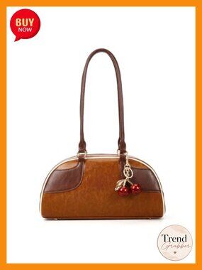 Faux Leather Bowler Shoulder Bag with Detachable Cherry Charm
